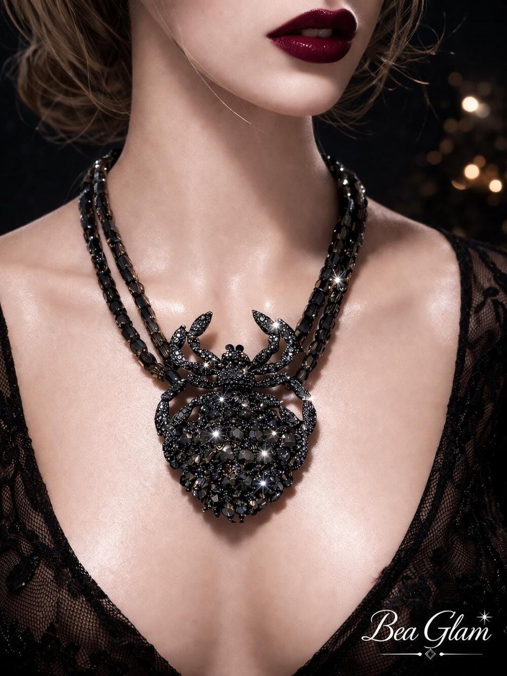 Iridescent Rhinestone Crystal Large Black Spider Necklace Halloween Gothic